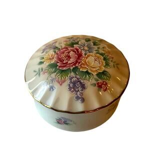 Heritage House Vintage Trinket Music Box White Porcelain Multi Floral Gold Trim